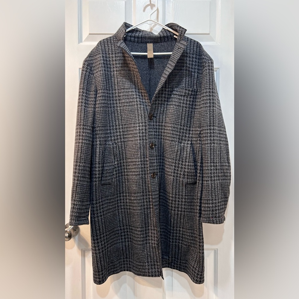 Eleventy Milano Men’s Wool Blend Houndstooth Black Gray Overcoat Size 52 Classy